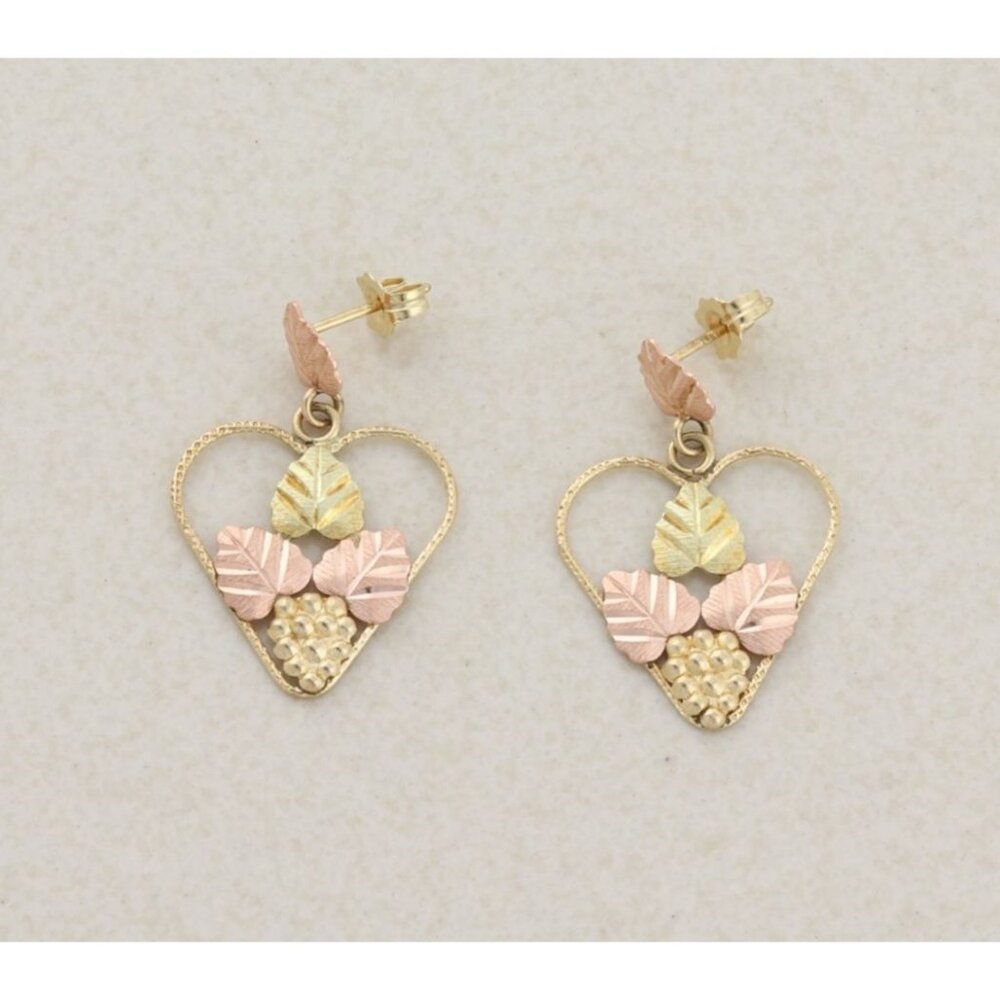 10k Yellow Gold Black Hills Gold Heart Leaf Earrings Dangle Drop 1" x 3/4"